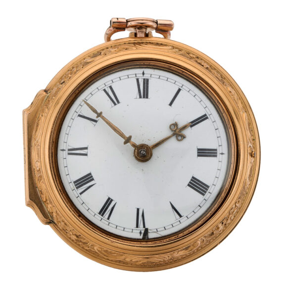 English gold repousse watch with protective outer Circa 1762 English gold repousse watch with protective outer Circa 1762