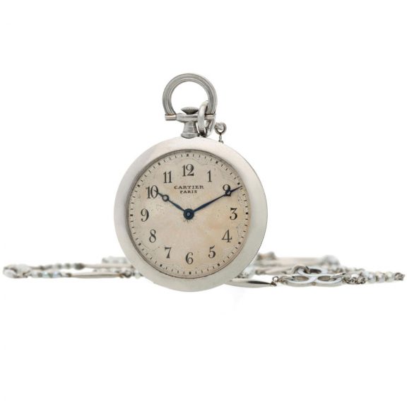 A French platinum and enamel pendant watch with necklace, Circa 1920 A French platinum and enamel pendant watch with necklace, Circa 1920