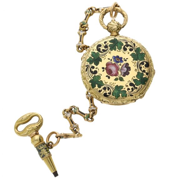 Swiss gold and enamel miniature cylinder watch Circa 1830 Swiss gold and enamel miniature cylinder watch Circa 1830