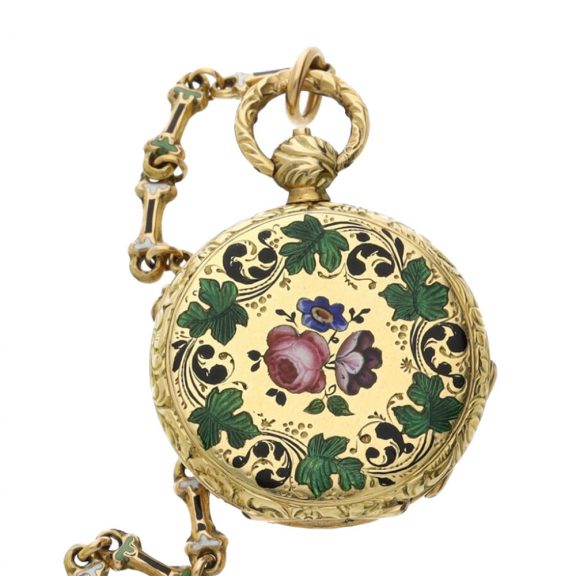 Swiss gold and enamel miniature cylinder watch Circa 1830
