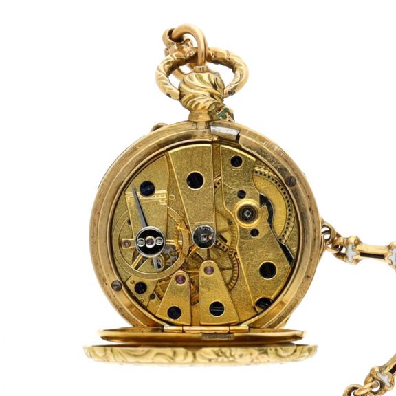Swiss gold and enamel miniature cylinder watch Circa 1830 Swiss gold and enamel miniature cylinder watch Circa 1830