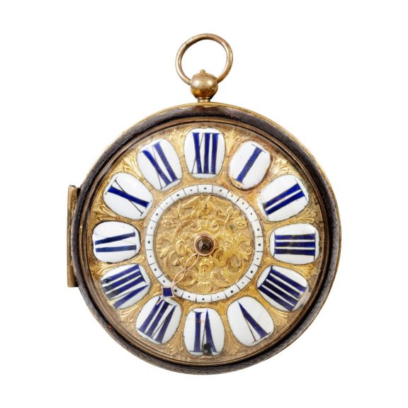 French leather covered gilt brass single hand oignon watch Circa 1700