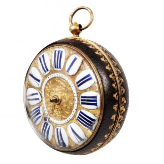 French leather covered gilt brass single hand oignon watch Circa 1700