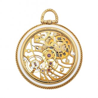 Swiss gold and enamel skeletonized keyless watch Circa 1980