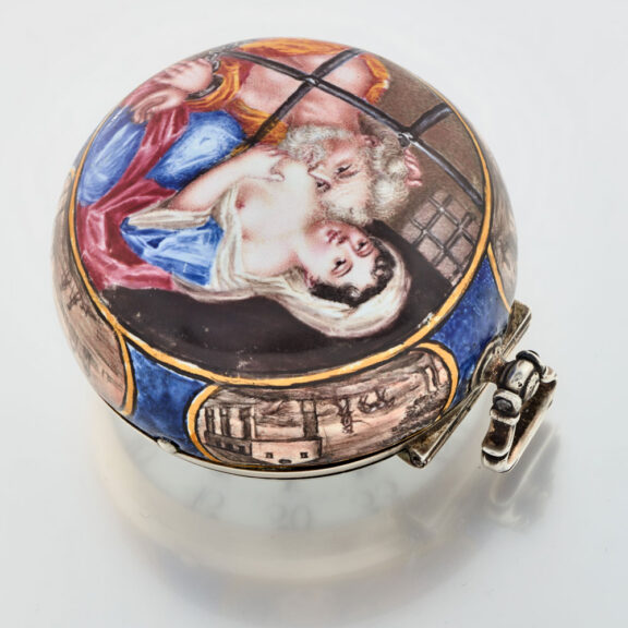 An early enamel verge pocket watch in a silver case Circa 1700 An early enamel verge pocket watch in a silver case Circa 1700