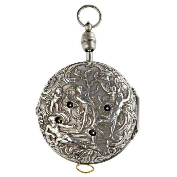 English silver repousse rococo quarter repeater Circa 1740 English silver repousse rococo quarter repeater Circa 1740