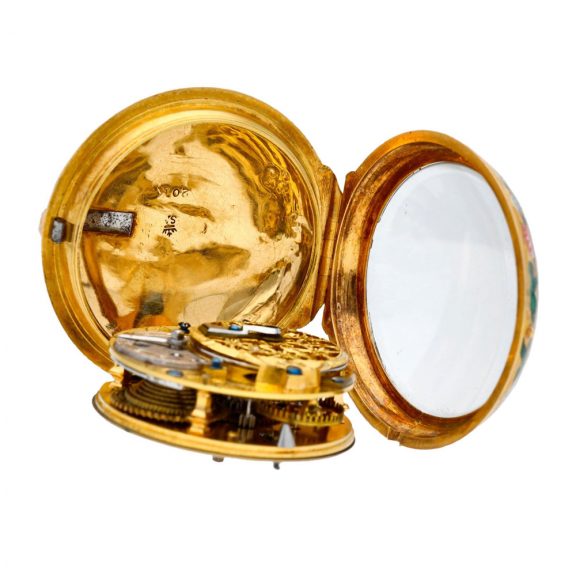 Swiss yellow gold and enamel open faced verge watch Circa 1750 Swiss yellow gold and enamel open faced verge watch Circa 1750