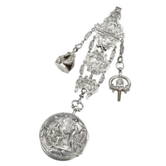 English pair cased repousse verge with chatelaine Circa 1758