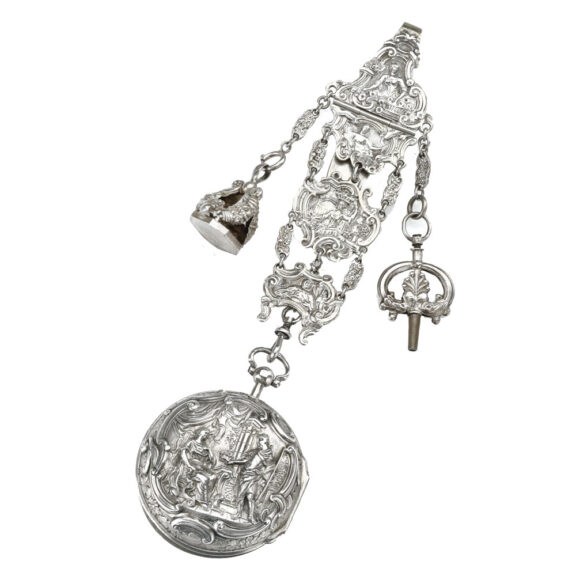 English pair cased repousse verge with chatelaine Circa 1758