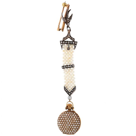 Swiss gold, pearl and diamond lady's pendant watch Circa 1900 Swiss gold, pearl and diamond lady's pendant watch Circa 1900