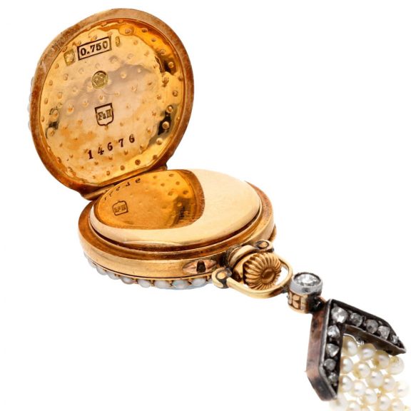 Swiss gold, pearl and diamond lady's pendant watch Circa 1900 Swiss gold, pearl and diamond lady's pendant watch Circa 1900