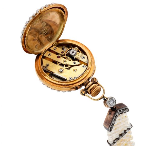 Swiss gold, pearl and diamond lady's pendant watch Circa 1900 Swiss gold, pearl and diamond lady's pendant watch Circa 1900