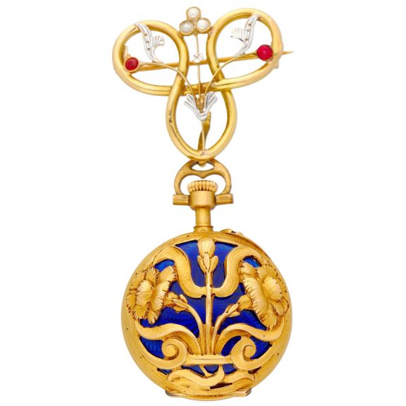 Swiss gold and enamel lady's lapel watch with pin Circa 1920