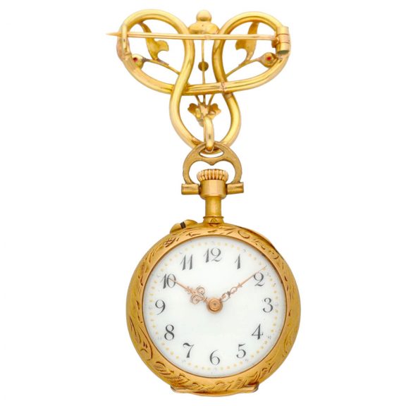 Swiss gold and enamel lady's lapel watch with pin Circa 1920 Swiss gold and enamel lady's lapel watch with pin Circa 1920
