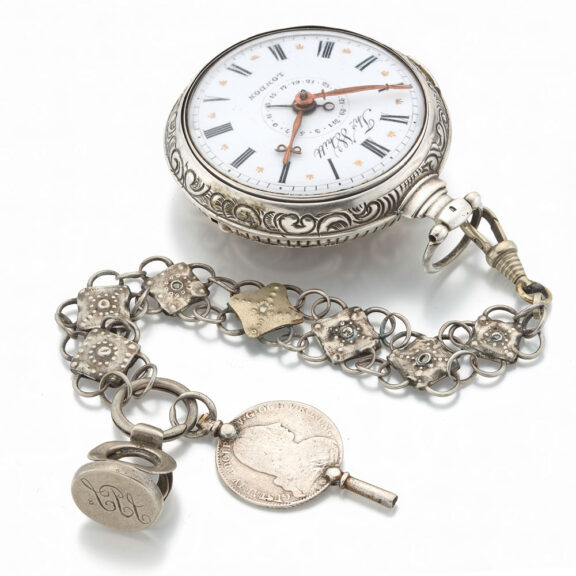 English late silver repousse verge watch with date Circa 1820 English late silver repousse verge watch with date Circa 1820