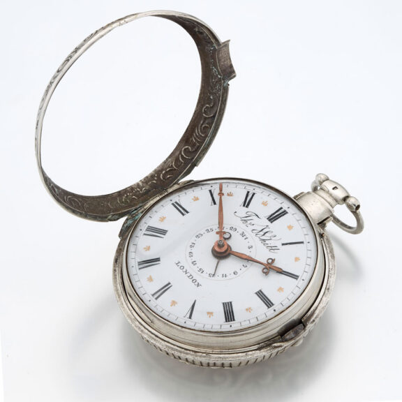 English late silver repousse verge watch with date Circa 1820 English late silver repousse verge watch with date Circa 1820