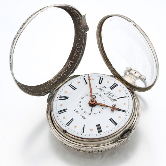 English late silver repousse verge watch with date Circa 1820 English late silver repousse verge watch with date Circa 1820