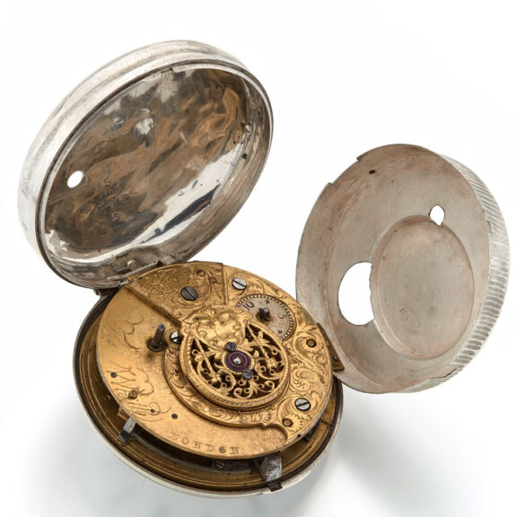 English late silver repousse verge watch with date Circa 1820 English late silver repousse verge watch with date Circa 1820