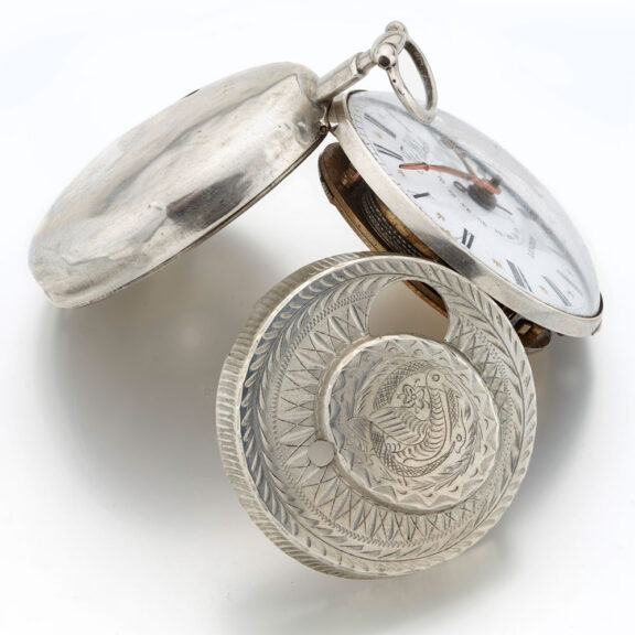 English late silver repousse verge watch with date Circa 1820 English late silver repousse verge watch with date Circa 1820