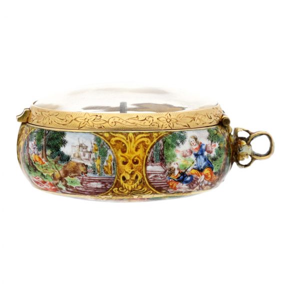 German gold and enamel painted oval pendant watch Circa 1670 German gold and enamel painted oval pendant watch Circa 1670