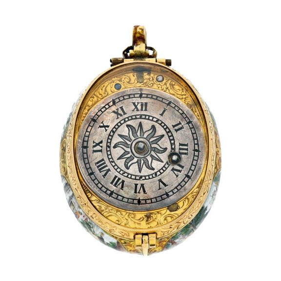 German gold and enamel painted oval pendant watch Circa 1670 German gold and enamel painted oval pendant watch Circa 1670