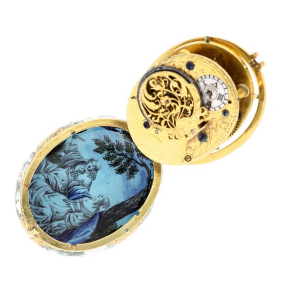 German gold and enamel painted oval pendant watch Circa 1670 German gold and enamel painted oval pendant watch Circa 1670