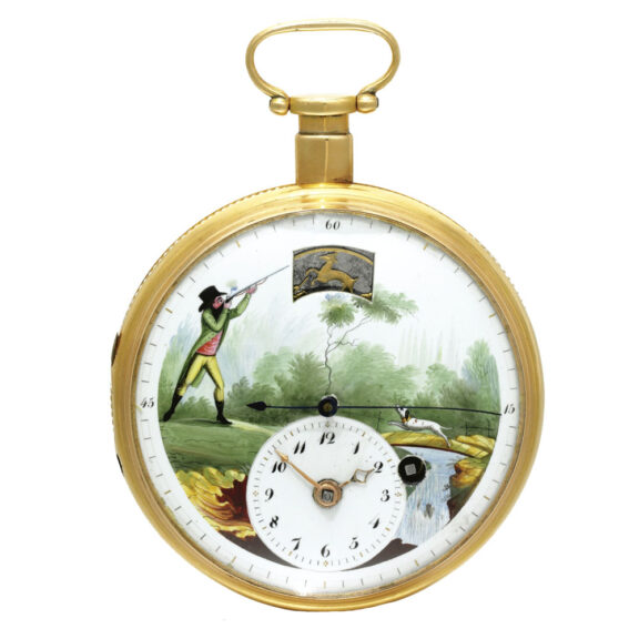Swiss gold watch with rotating hunting scene Circa 1800 Swiss gold watch with rotating hunting scene Circa 1800