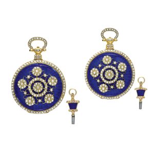 English pair of gilt enamel and pearl set watches Circa 1800