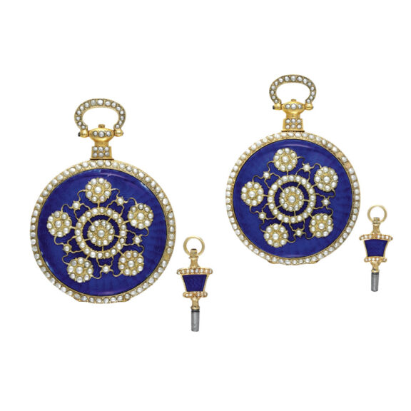 English pair of gilt enamel and pearl set watches Circa 1800