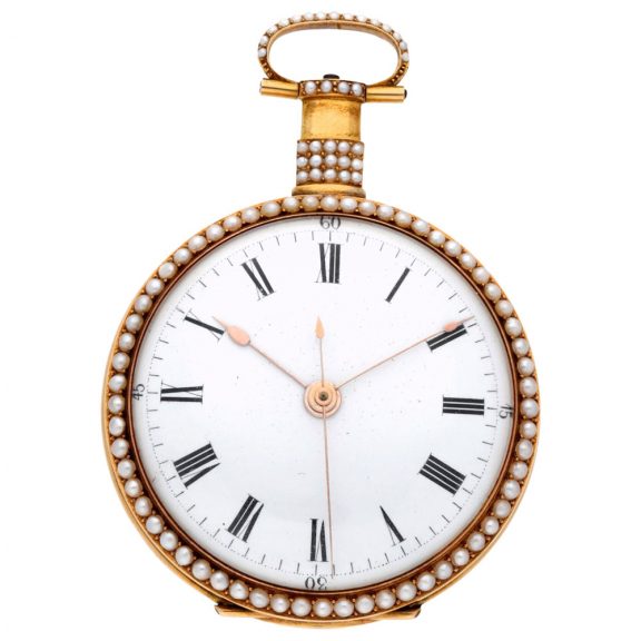 Swiss gold, enamel and pearl set centre seconds duplex watch Circa 1895 Swiss gold, enamel and pearl set centre seconds duplex watch Circa 1895