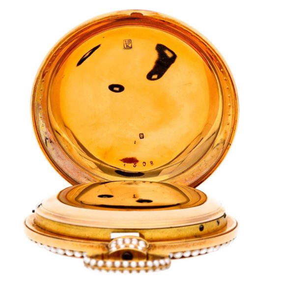 Swiss gold, enamel and pearl set centre seconds duplex watch Circa 1895 Swiss gold, enamel and pearl set centre seconds duplex watch Circa 1895