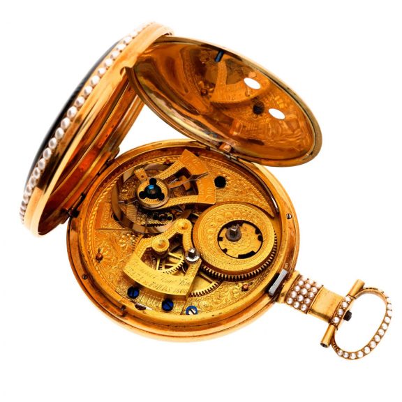 Swiss gold, enamel and pearl set centre seconds duplex watch Circa 1895 Swiss gold, enamel and pearl set centre seconds duplex watch Circa 1895