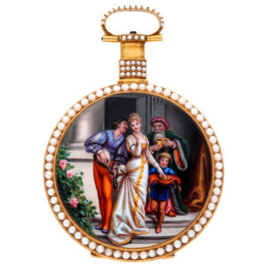 Swiss gold, enamel and pearl set centre seconds duplex watch Circa 1895
