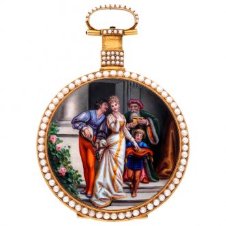 Swiss gold, enamel and pearl set centre seconds duplex watch Circa 1895