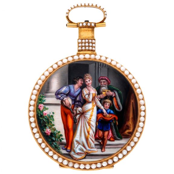 Swiss gold, enamel and pearl set centre seconds duplex watch Circa 1895