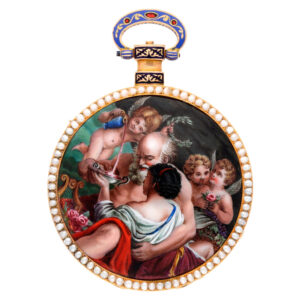 Swiss gold, enamel and pearl set musical cylinder watch Circa 1815