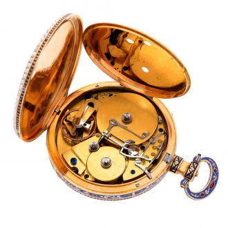 Swiss gold, enamel and pearl set musical cylinder watch Circa 1815