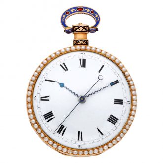 Swiss gold, enamel and pearl set musical cylinder watch Circa 1815