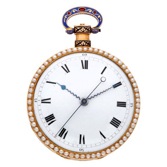 Swiss gold, enamel and pearl set musical cylinder watch Circa 1815 Swiss gold, enamel and pearl set musical cylinder watch Circa 1815