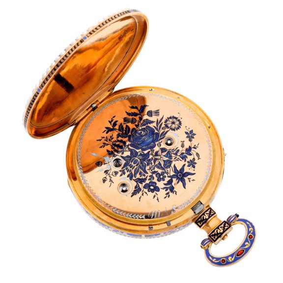 Swiss gold, enamel and pearl set musical cylinder watch Circa 1815 Swiss gold, enamel and pearl set musical cylinder watch Circa 1815