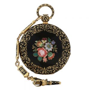 Swiss gold and enamel watch with chain and key Circa 1850