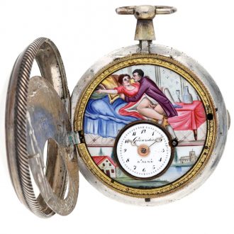 Swiss silver verge watch with concealed erotic scene Circa 1810