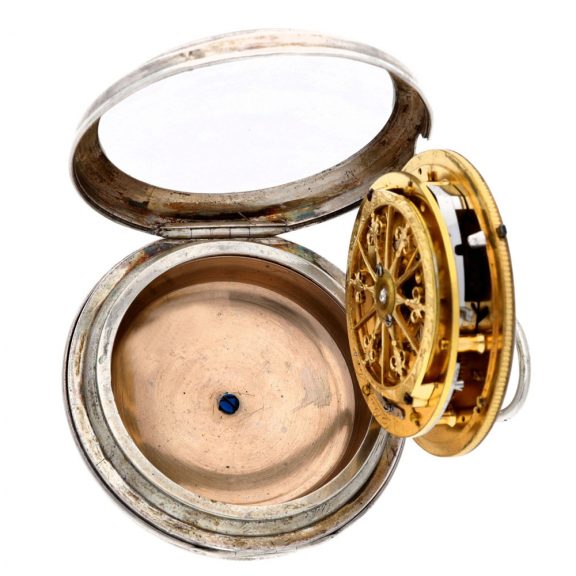 Swiss silver alarm watch with large slow beating balance Circa 1790 Swiss silver alarm watch with large slow beating balance Circa 1790
