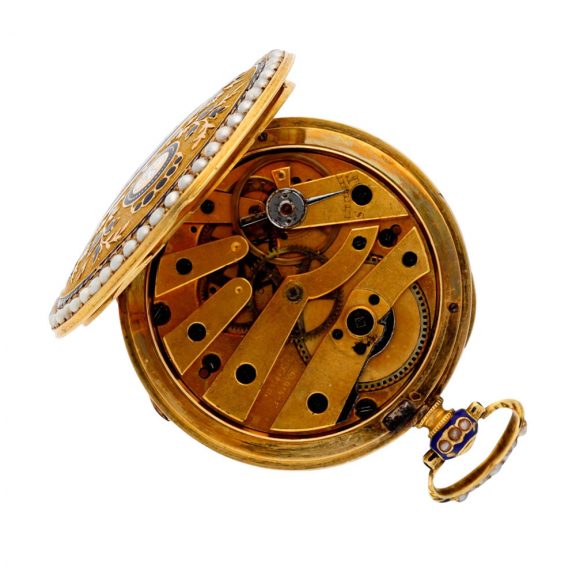 Swiss gold, enamel and pearl set lady's cylinder watch Circa 1845 Swiss gold, enamel and pearl set lady's cylinder watch Circa 1845