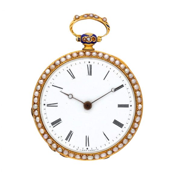 Swiss gold, enamel and pearl set lady's cylinder watch Circa 1845 Swiss gold, enamel and pearl set lady's cylinder watch Circa 1845