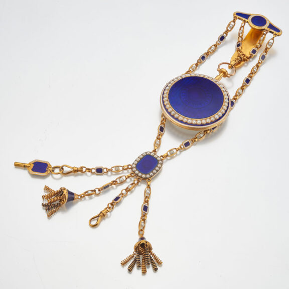 English gold pearl set lever, matching chatelaine Circa 1790 English gold pearl set lever, matching chatelaine Circa 1790