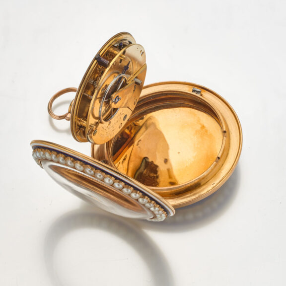 English gold pearl set lever, matching chatelaine Circa 1790 English gold pearl set lever, matching chatelaine Circa 1790