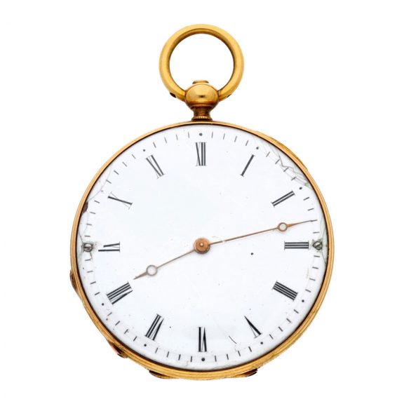 Swiss gold and enamel hunting cased cylinder watch Circa 1845 Swiss gold and enamel hunting cased cylinder watch Circa 1845