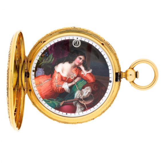 Swiss gold and enamel jump hour full hunter lever watch Circa 1840