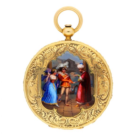 Swiss gold and enamel jump hour full hunter lever watch Circa 1840 Swiss gold and enamel jump hour full hunter lever watch Circa 1840